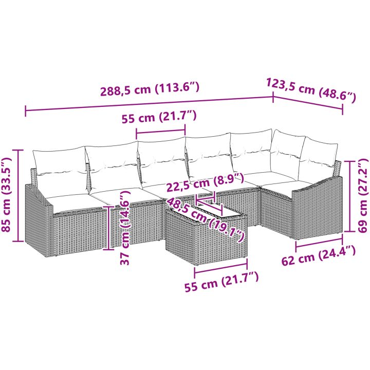 7-delat trädgårdsoffset med kuddar grå poly rattan vidaXL 288.5 x 123.5 x 85 cm – bild 9