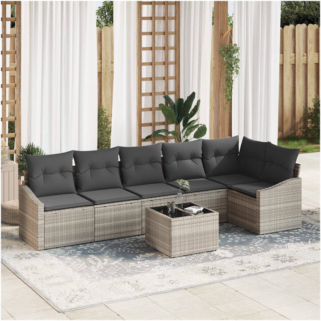7-delat trädgårdsoffset med kuddar grå poly rattan vidaXL 288.5 x 123.5 x 85 cm