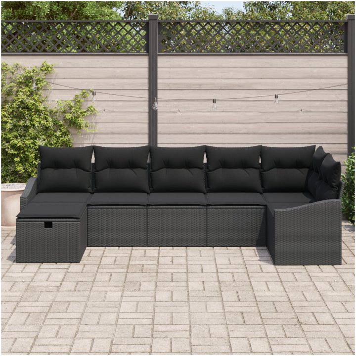 7-delat trädgårdsoffset med kuddar i svart polyrotting vidaXL 288.5 x 123.5 x 85 cm – bild 3