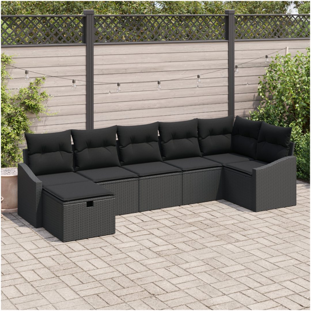 7-delat trädgårdsoffset med kuddar i svart polyrotting vidaXL 288.5 x 123.5 x 85 cm