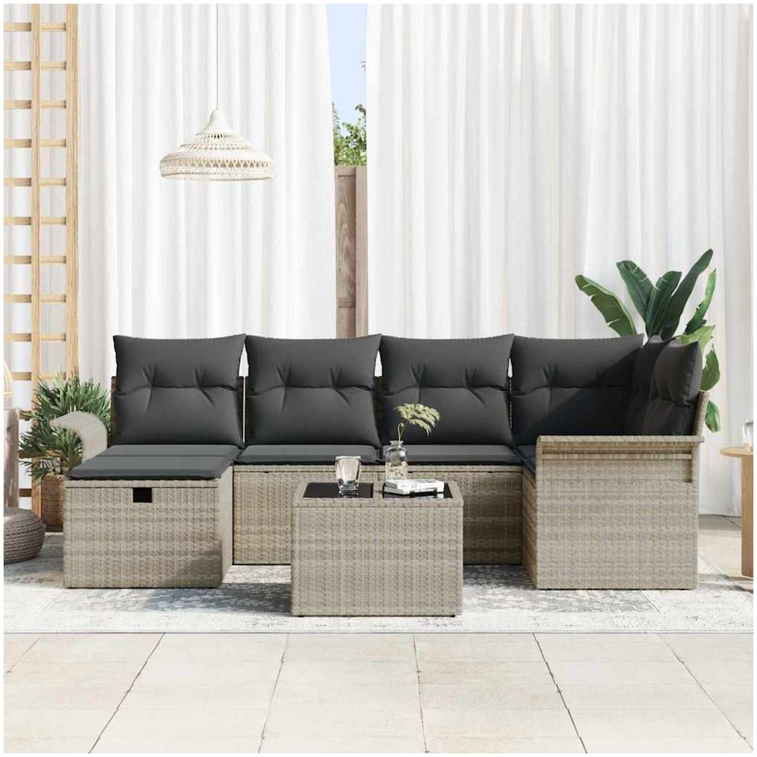 7-delat trädgårdsoffset med kuddar ljusgrå poly rattan vidaXL 242.5 x 132.5 x 85 cm – bild 3