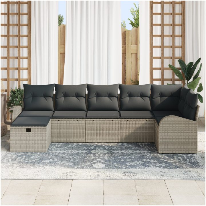 7-delat trädgårdsoffSet med kuddar Ljusgrå Poly rotting vidaXL 289 x 124 x 85 cm – bild 3