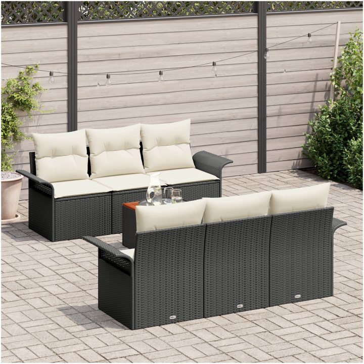 7-delat trädgårdsoffset med kuddar svart poly rattan akacia vidaXL Stor – bild 3