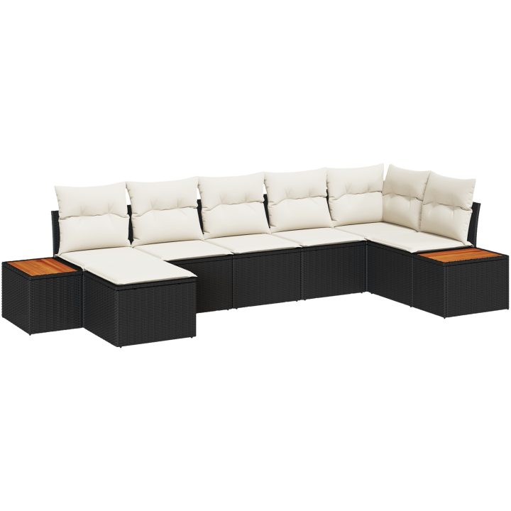 7-delat trädgårdsoffset med kuddar, svart poly rattan och akacia vidaXL 319 x 154 x 85 cm – bild 2