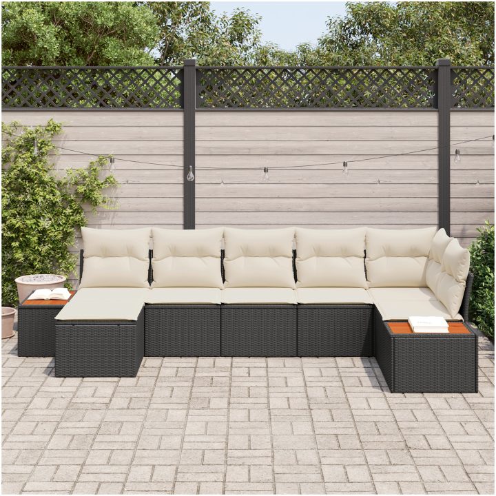 7-delat trädgårdsoffset med kuddar, svart poly rattan och akacia vidaXL 319 x 154 x 85 cm – bild 3