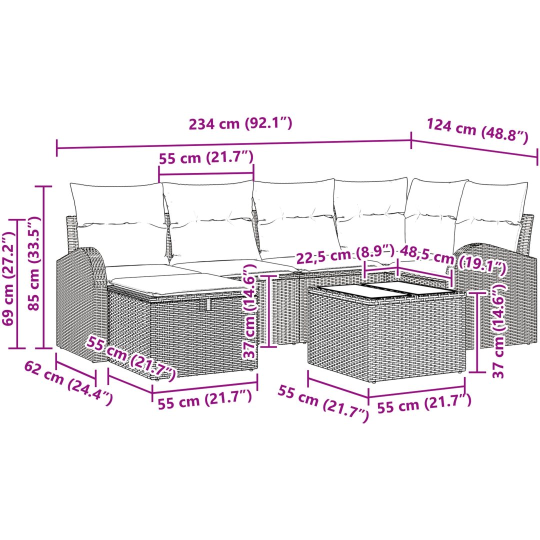 7-delat Trädgårdsoffset med Kuddar Svart Poly Rottins vidaXL 234 x 124 x 85 cm – bild 11