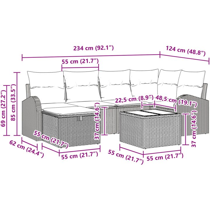 7-delat Trädgårdsoffset med Kuddar Svart Poly Rottins vidaXL 234 x 124 x 85 cm – bild 11