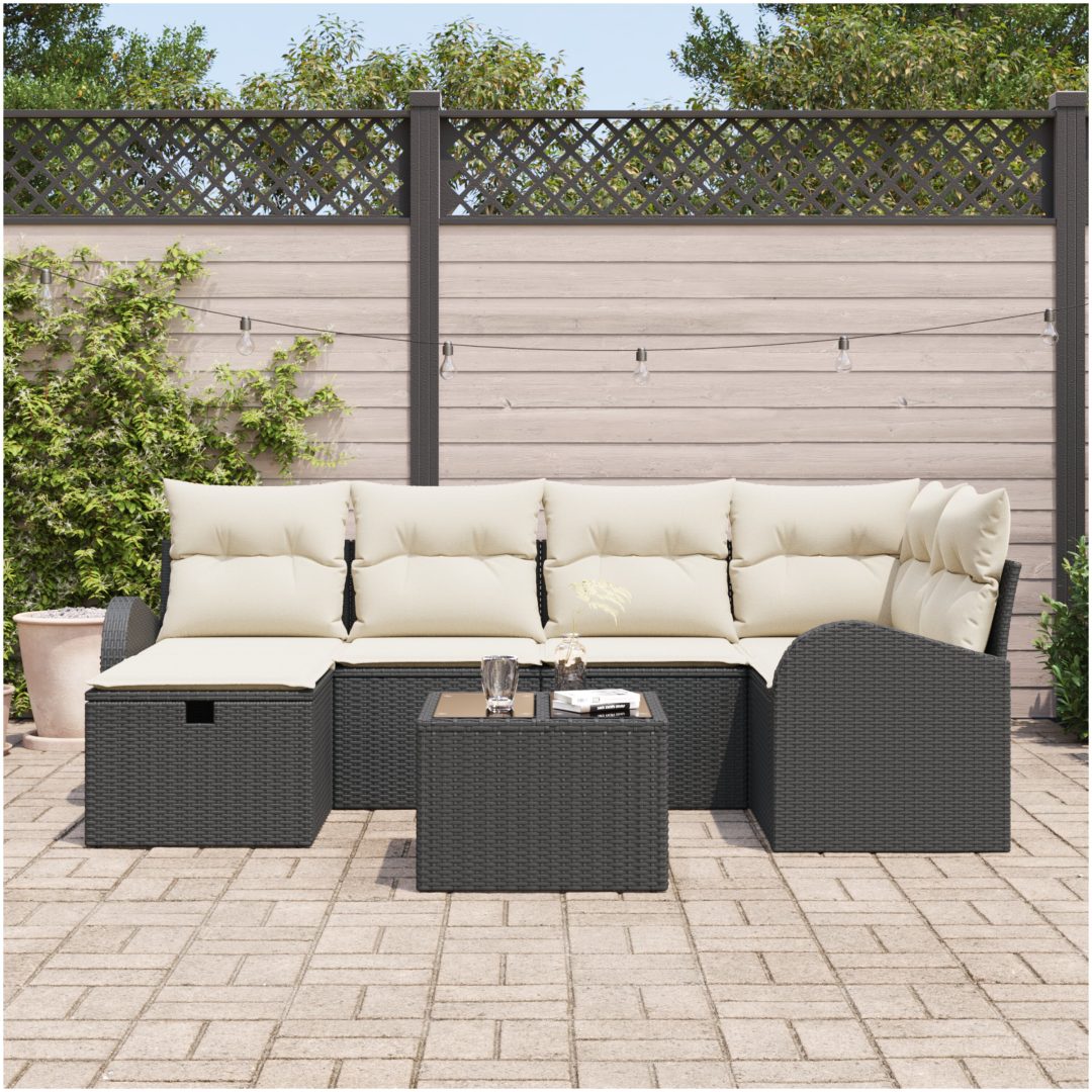 7-delat Trädgårdsoffset med Kuddar Svart Poly Rottins vidaXL 234 x 124 x 85 cm – bild 3