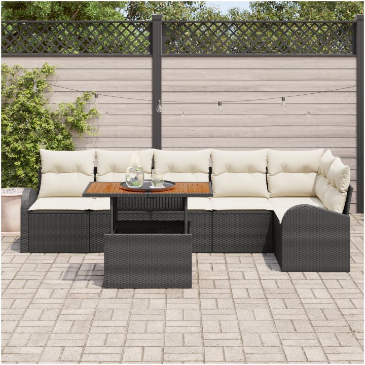 7-delat Trädgårdsset med dynor svart poly rattan akacia vidaXL 100 x 55 x 73 cm – bild 3