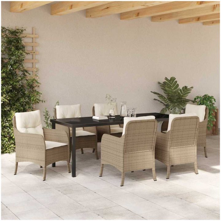 7-delat trädgårdsset med kuddar beige poly-rattan vidaXL Standard – bild 4