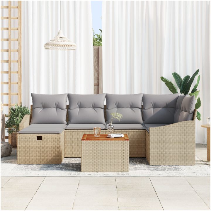 7-delat trädgårdssoff-set med kuddar beige polyrotting vidaXL 55 x 55 x 37 cm – bild 3