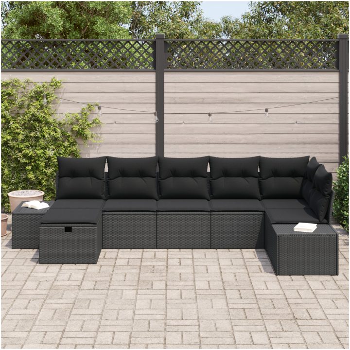 7-delat trädgårdssoff set med kuddar i svart polyrotting vidaXL 55 x 62 x 69 cm – bild 3