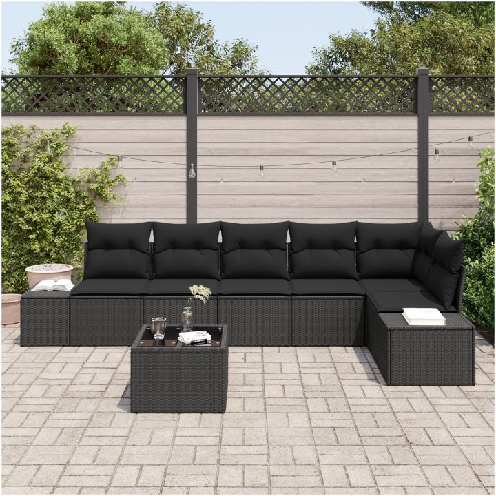 7-delat Trädgårdssoffset med Kuddar Beige Poly Rattan vidaXL 55 x 55 x 37 cm – bild 3
