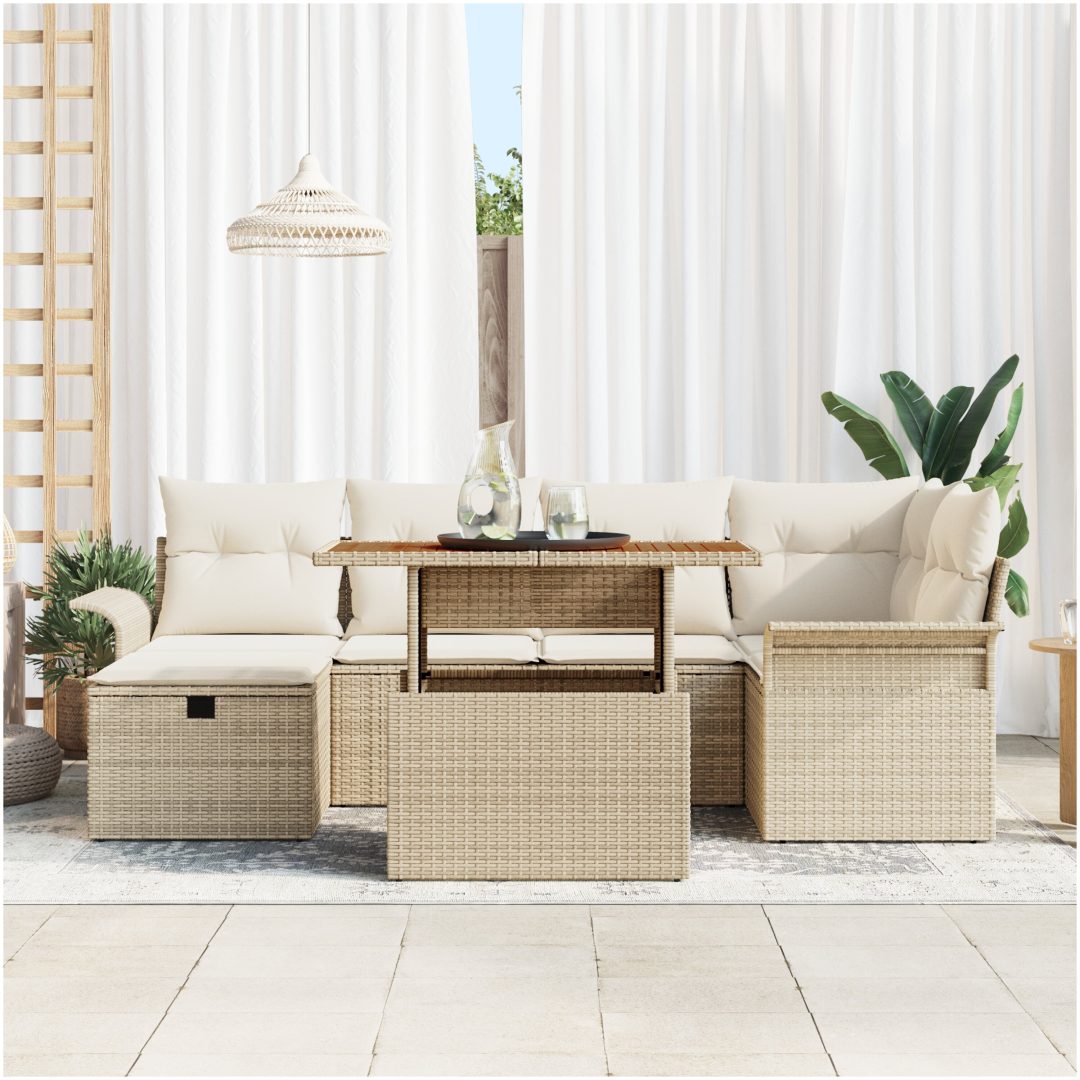 7-delat Trädgårdssoffset med kuddar Beige Poly Rotting vidaXL 100 x 55 x 73 cm – bild 3
