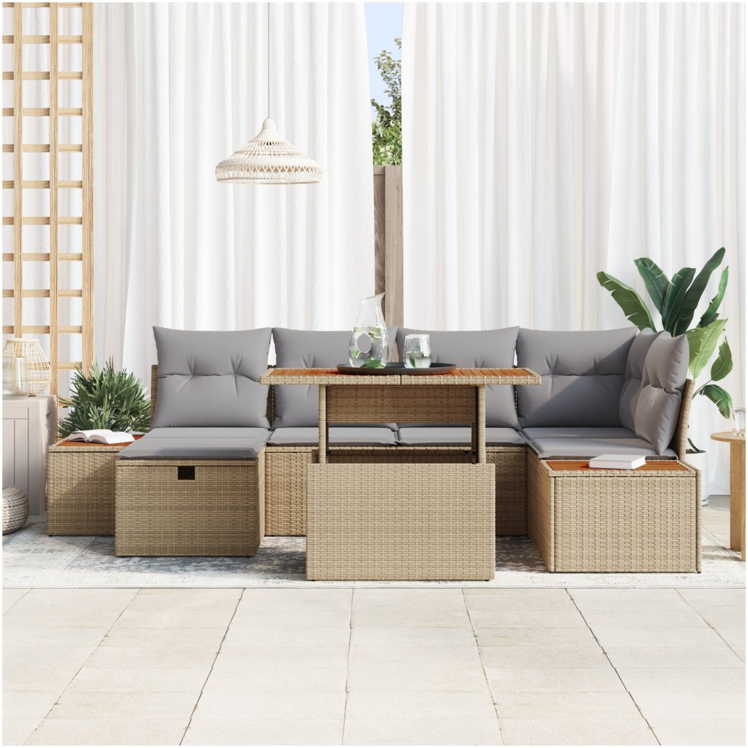 7-delat Trädgårdssoffset med kuddar Beige Poly-Rotting vidaXL 55 x 55 x 37 cm – bild 3