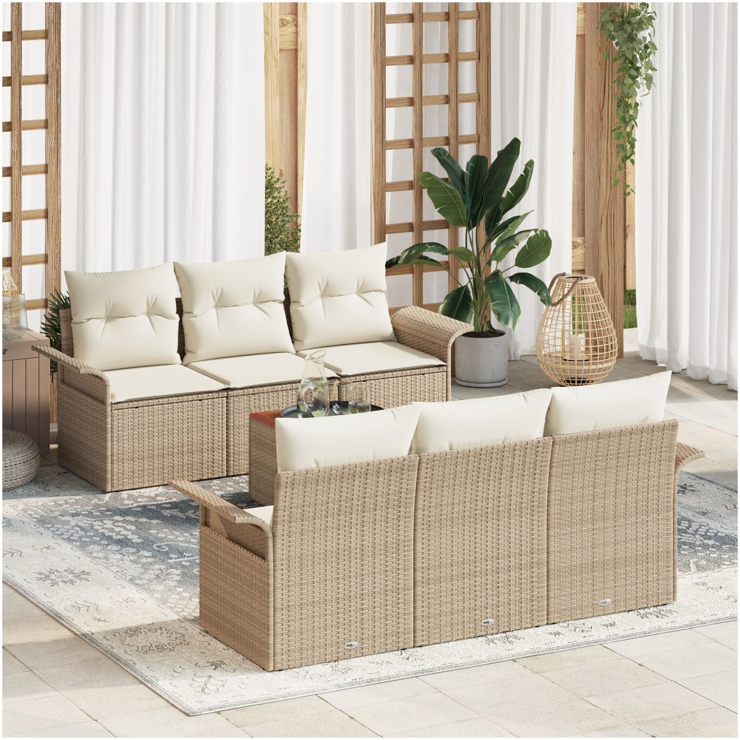 7-delat Trädgårdssoffset med kuddar Beige Polyrotting Akacia vidaXL Medium