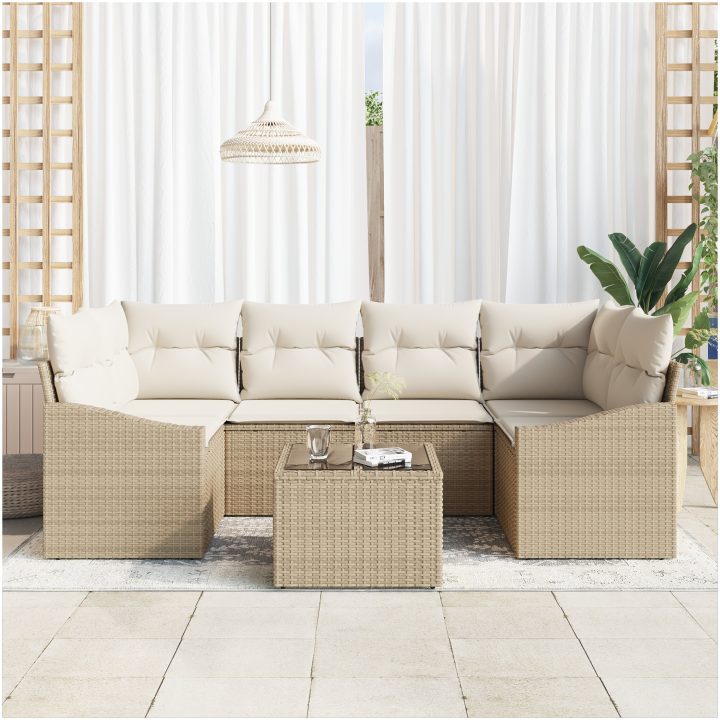 7-delat trädgårdssoffset med kuddar Beige Polyrotting vidaXL 55 x 55 x 37 cm – bild 3