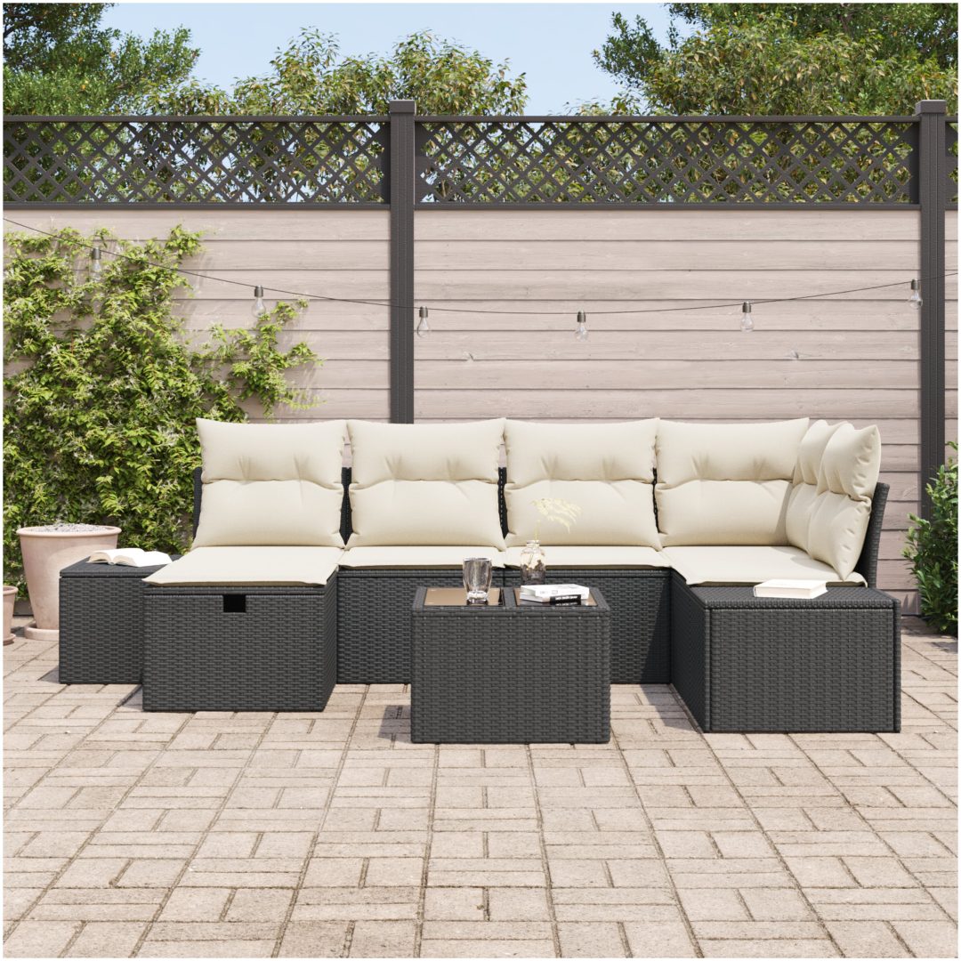 7-delat trädgårdssoffset med kuddar i svart poly rattan vidaXL 55 x 55 x 37 cm – bild 3