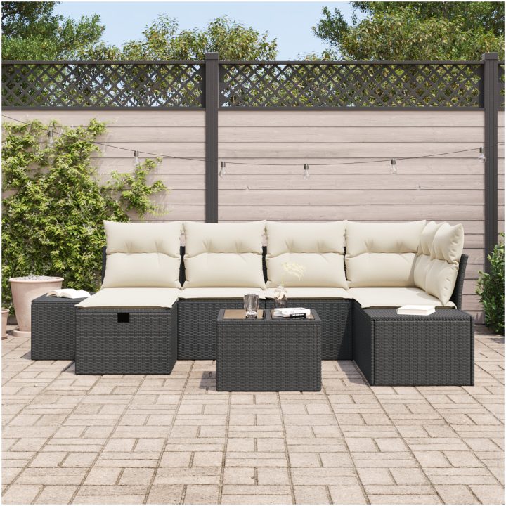 7-delat trädgårdssoffset med kuddar i svart poly rattan vidaXL 55 x 55 x 37 cm – bild 3