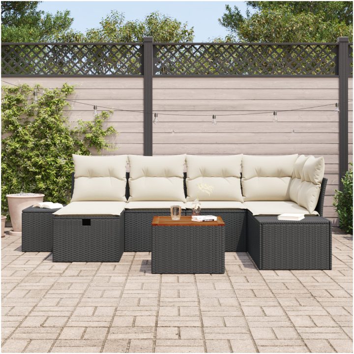 7-dels trädgårdsoff-set med kuddar svart polyrotting vidaXL 55 x 55 x 37 cm – bild 3