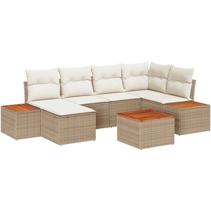 7-dels Trädgårdsoffagruppe med kuddar Beige Poly Rattan akacia vidaXL 55 x 55 x 37 cm – bild 2