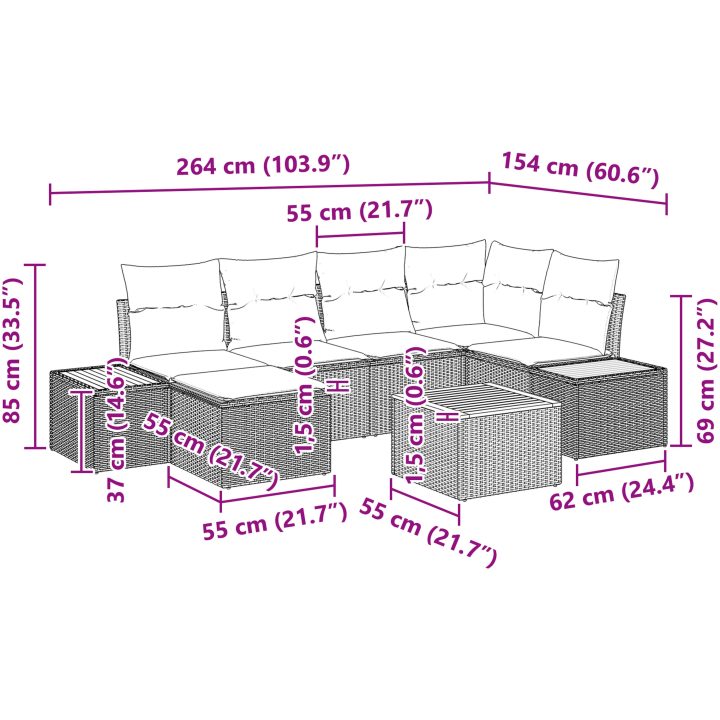 7-dels Trädgårdsoffagruppe med kuddar Beige Poly Rattan akacia vidaXL 55 x 55 x 37 cm – bild 10