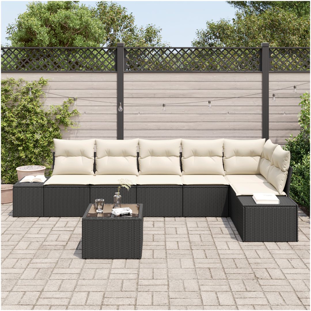 7-delsk Sofagrupp med Kuddar i Svart Poly Rattan vidaXL 55 x 55 x 37 cm – bild 3
