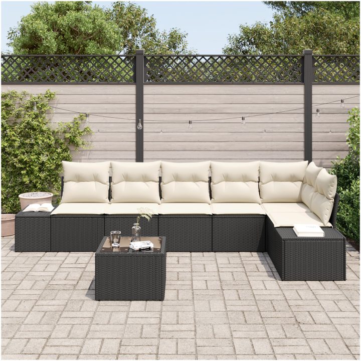 7-delsk Sofagrupp med Kuddar i Svart Poly Rattan vidaXL 55 x 55 x 37 cm – bild 3