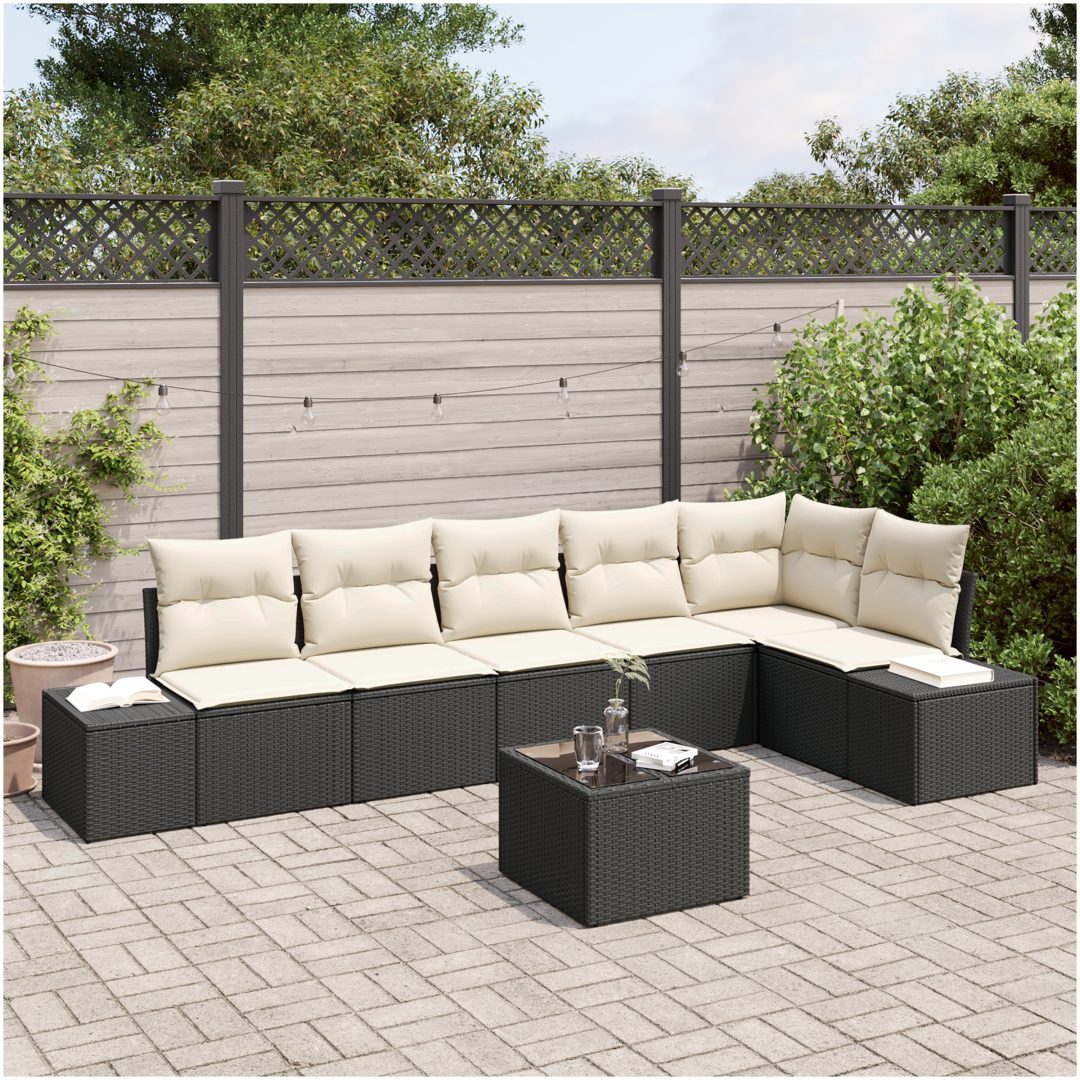 7-delsk Sofagrupp med Kuddar i Svart Poly Rattan vidaXL 55 x 55 x 37 cm