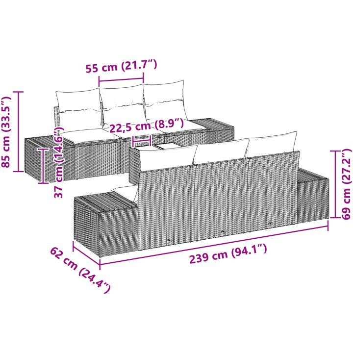 7 Styckars Trädgårdssoffset med Kuddar Brun Poly Rattan vidaXL Large – bild 11