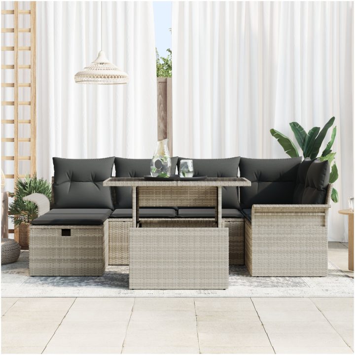 7 Stycken Trädgårdsofa Set med Kuddar Ljusgrå Poly Rattan vidaXL Medium – bild 3
