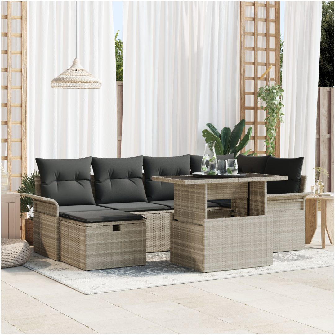 7 Stycken Trädgårdsofa Set med Kuddar Ljusgrå Poly Rattan vidaXL Medium