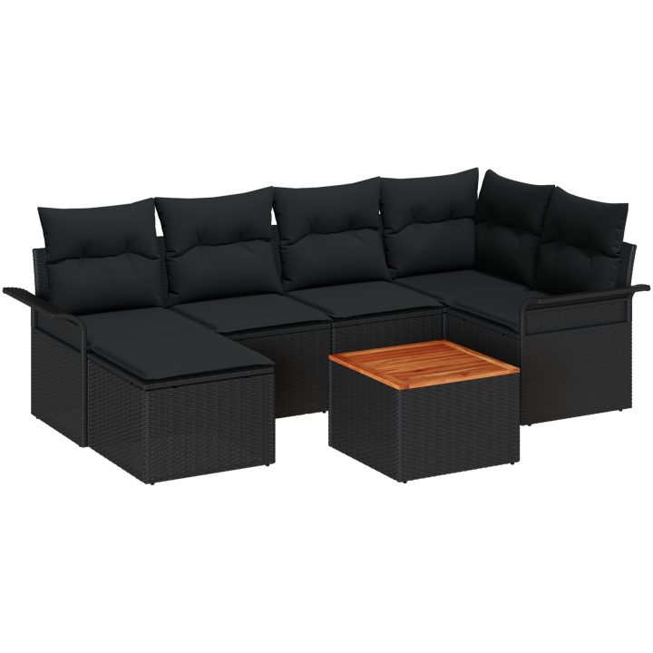 7 stycken Trädgårdsoffaset med Kuddar Svart Poly Rattan Akacia vidaXL 55 x 55 x 37 cm – bild 2