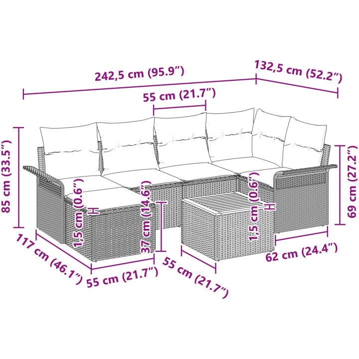 7 stycken Trädgårdsoffaset med Kuddar Svart Poly Rattan Akacia vidaXL 55 x 55 x 37 cm – bild 11