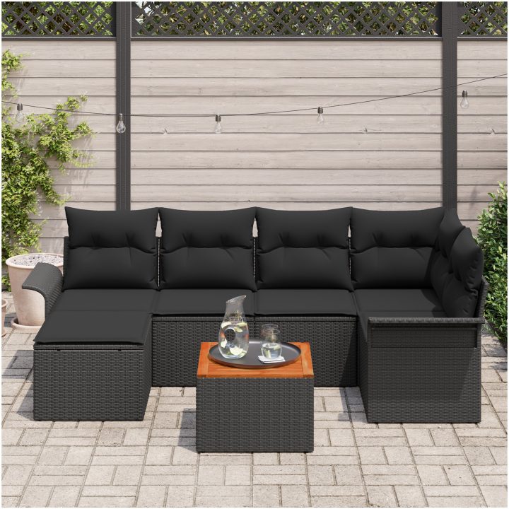 7 stycken Trädgårdsoffaset med Kuddar Svart Poly Rattan Akacia vidaXL 55 x 55 x 37 cm – bild 3