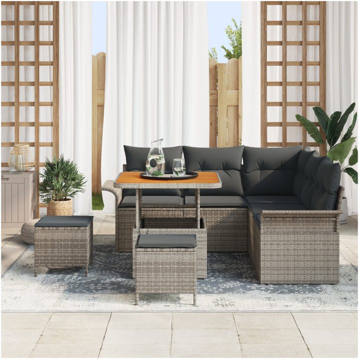 8 Bitars Trädgårdsoffa Set med Kuddar Grå Poly Rattan Akacia vidaXL Stor – bild 3