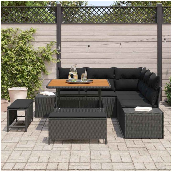 8-delad soffgrupp med kuddar i svart poly-rattan och akacia vidaXL Standard utomhusset storlek – bild 3