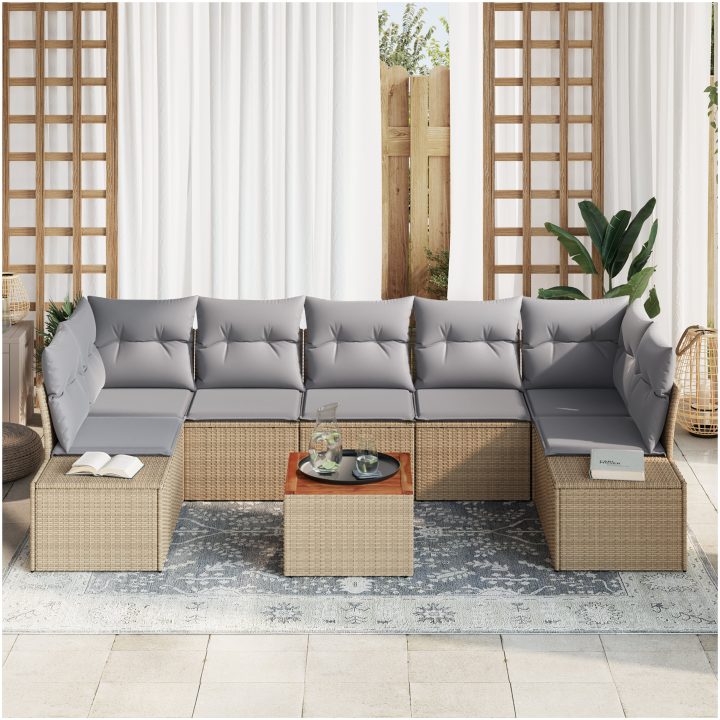 8-delad trädgårdsmöbelgrupp med kuddar i beige poly-rattan och akacia vidaXL 55 x 55 x 37 cm – bild 3