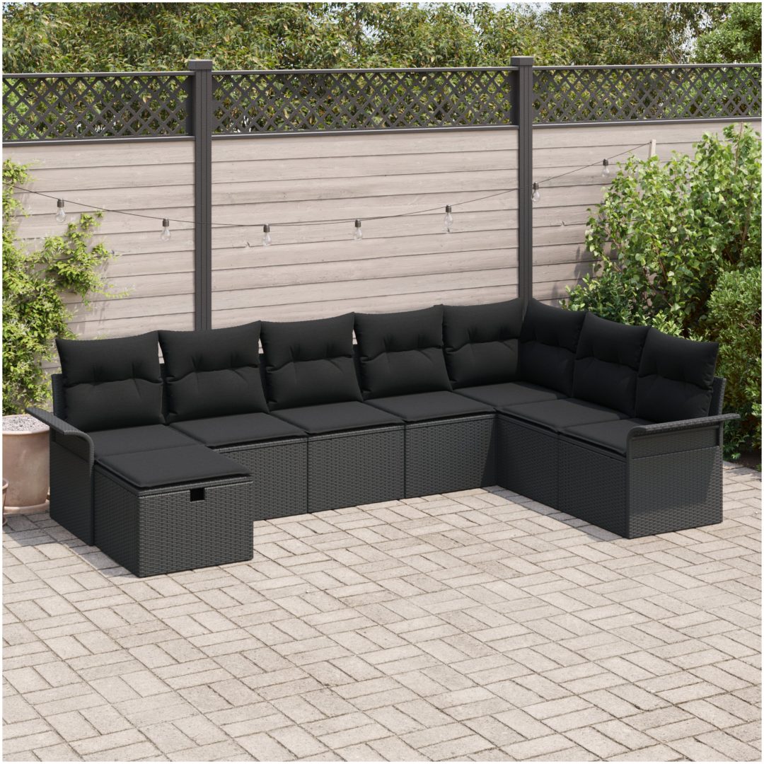 8-delad Trädgårdsofa Set med Kuddar Svart Poly Rattan vidaXL 297.5 x 187.5 x 85 cm