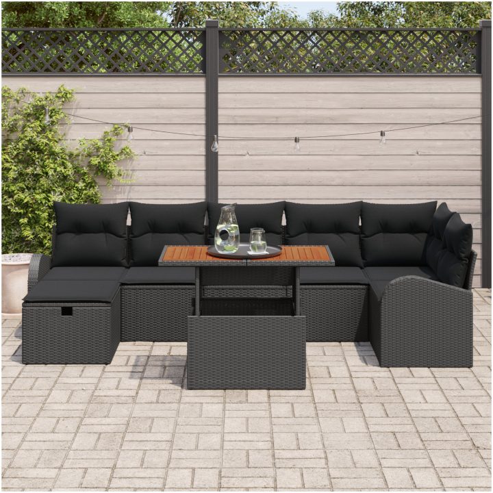 8-delad Trädgårdsofa Set med Kuddar Svart Poly Rotting vidaXL 55 x 55 x 37 cm – bild 3