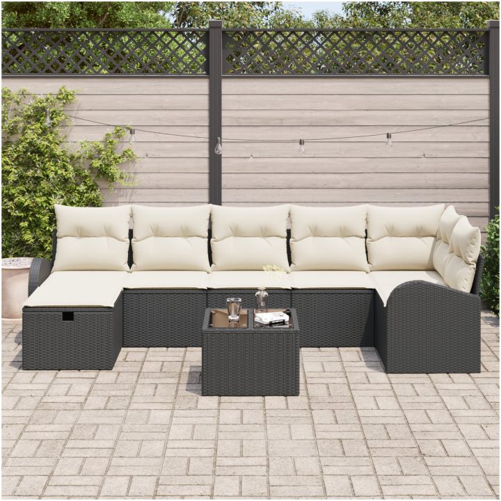 8-delad Trädgårdsoff Grupp med Dynor Svart Poly Rottning vidaXL 289 x 124 x 85 cm – bild 3
