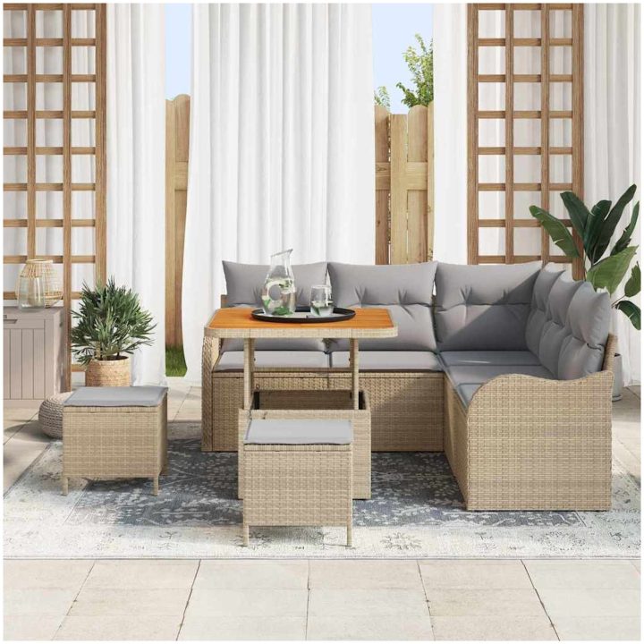 8-delad trädgårdsoff grupp med kuddar beige poly rattan akacia vidaXL Större – bild 3