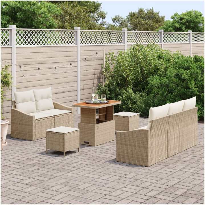 8-delad trädgårdsoff-set med kuddar Beige Poly Rattan Akacia vidaXL Medium – bild 3