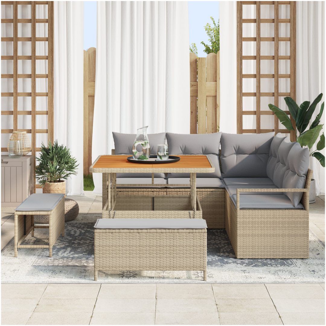 8-delad trädgårdsoff set med kuddar beige poly rotting akacia vidaXL Medium – bild 3