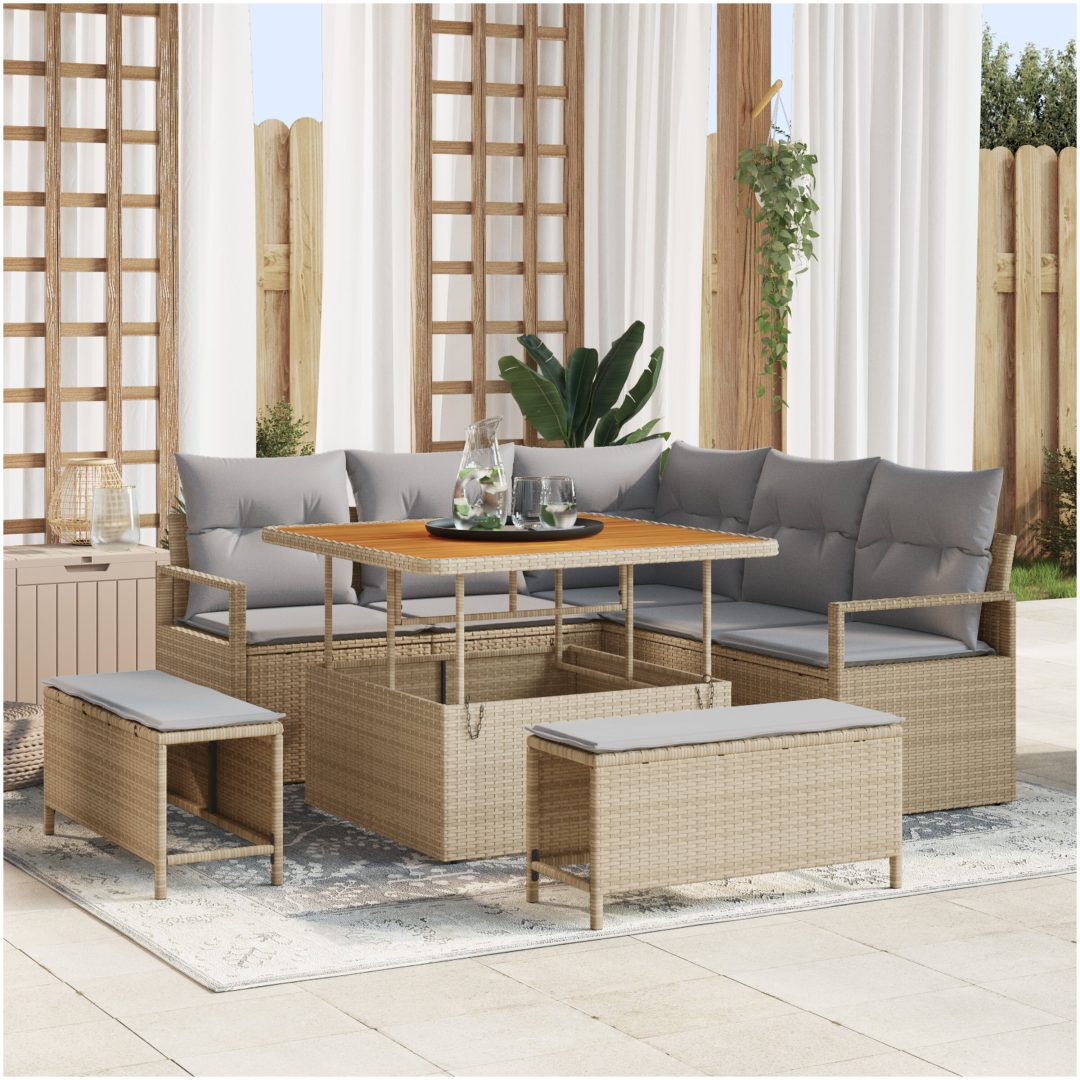 8-delad trädgårdsoff set med kuddar beige poly rotting akacia vidaXL Medium