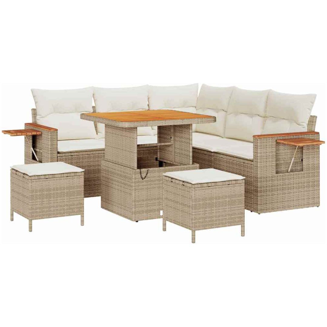 8-delad trädgårdsoff set med kuddar beige polyrotting akacia vidaXL Stor – bild 2