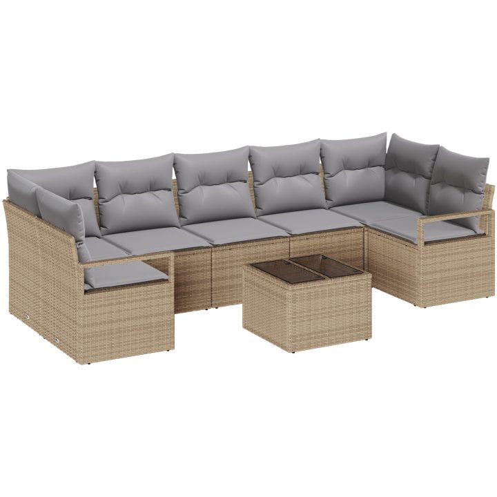 8-delad trädgårdsoff set med kuddar Beige Polyrotting vidaXL Stor – bild 2
