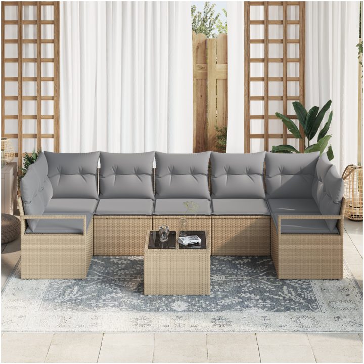 8-delad trädgårdsoff set med kuddar Beige Polyrotting vidaXL Stor – bild 3