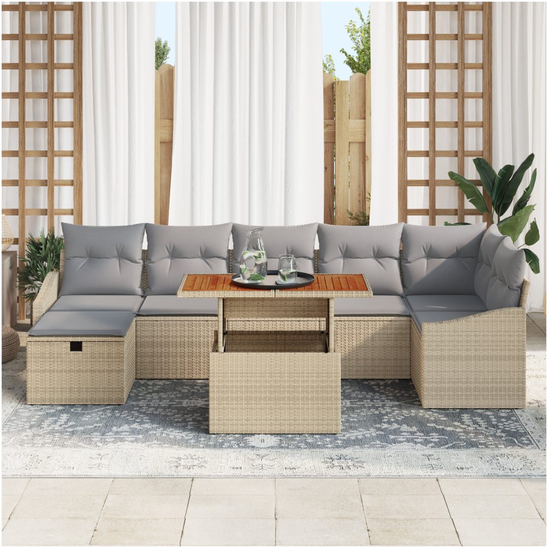 8-delad trädgårdsoff set med kuddar i beige poly rotting vidaXL 55 x 55 x 37 cm – bild 3