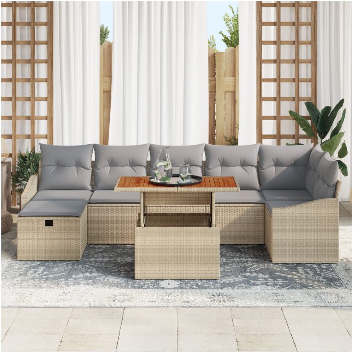 8-delad trädgårdsoff set med kuddar i beige poly rotting vidaXL 55 x 55 x 37 cm – bild 3